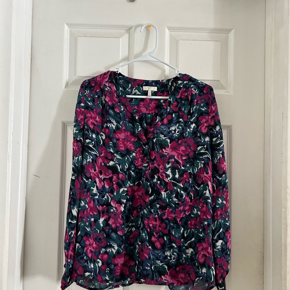 Joie Relaxed Graphic red and Blue Long Sleeve silk Blouse Sz s